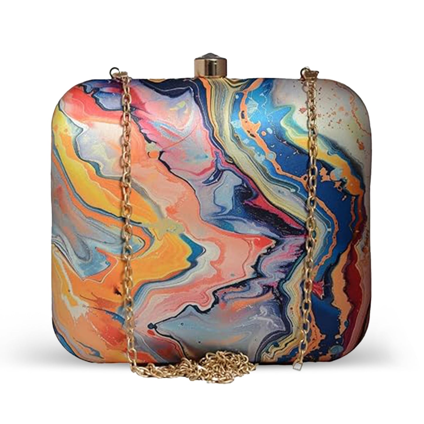 Artklim Multicolor Abstract Printed Box Clutch Bag with Detachable Strap Chain - Designer Purse for Navratri & Cultural Functions