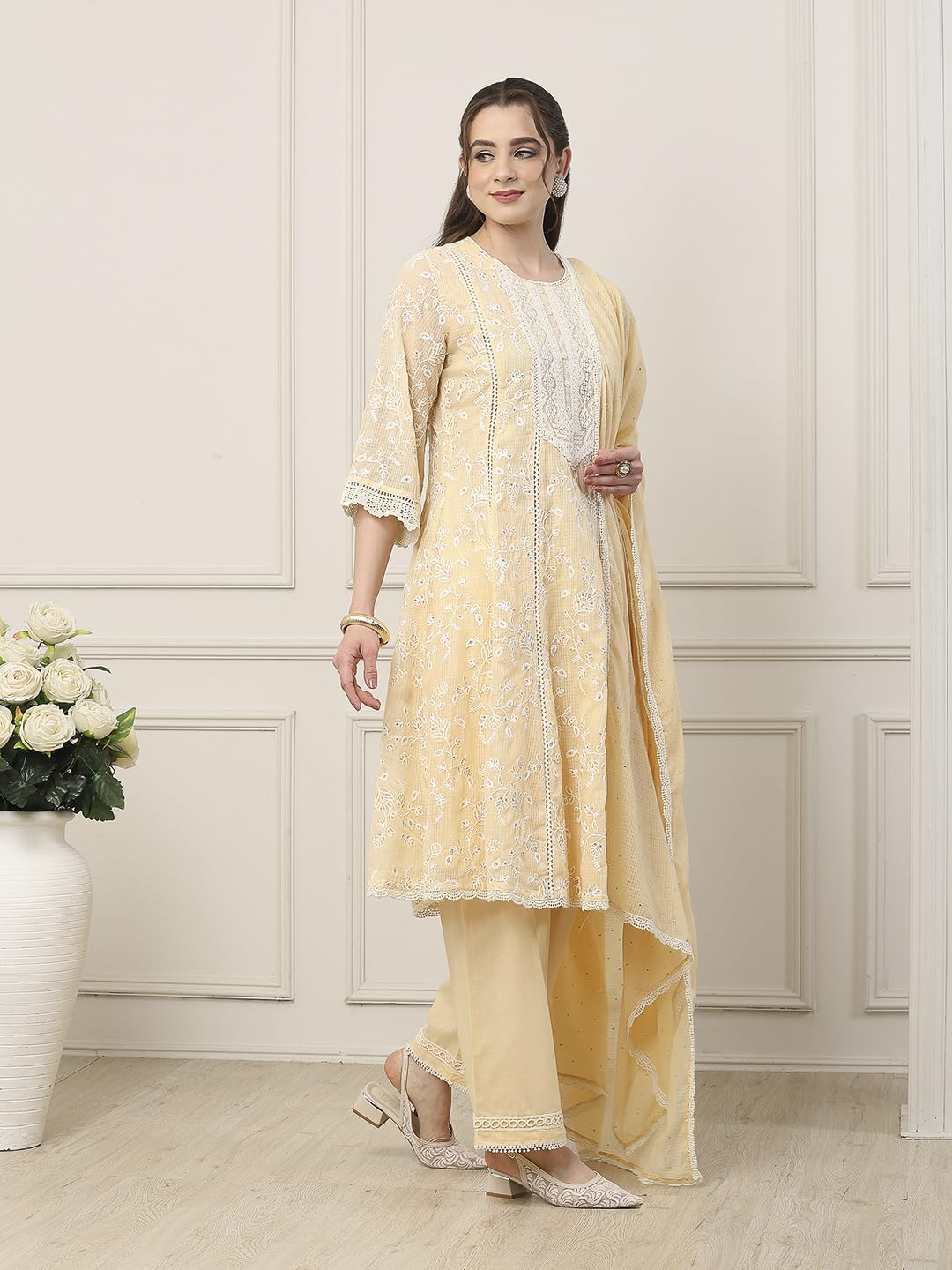 Biba Women Beige Cotton Kalidar Suit Set_36