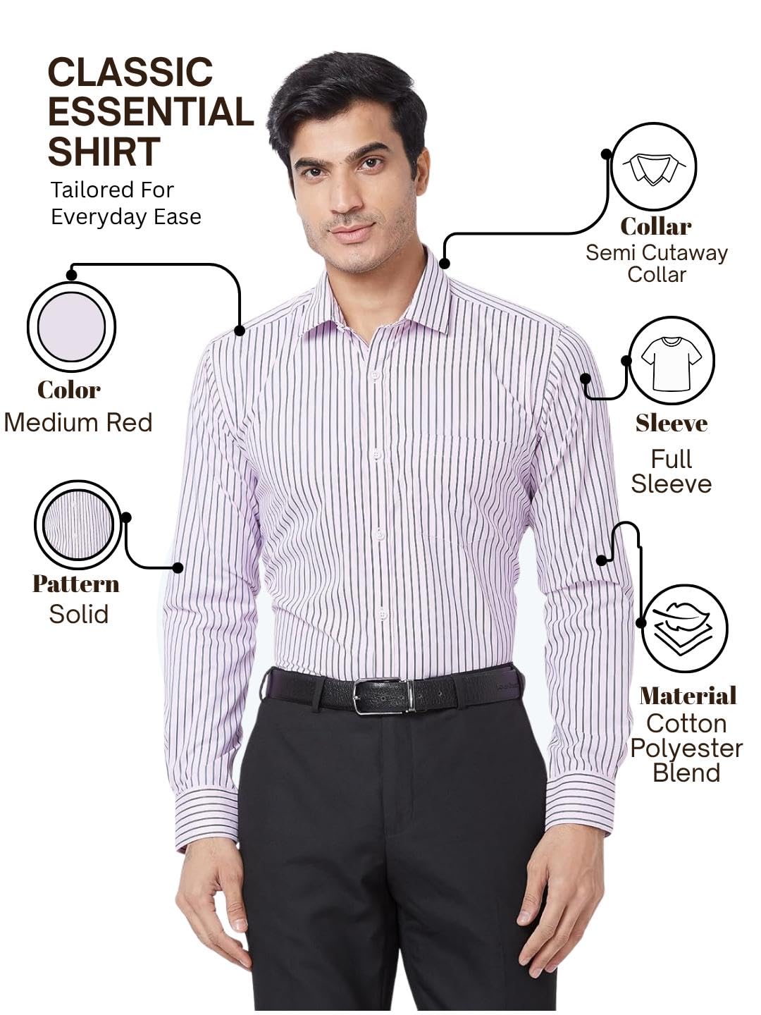 Park Avenue Men Slim Fit Solid Pattern Cotton Polyester Blend Semi Cutaway Collar | Full Sleeve Formal Shirt | Medium Red