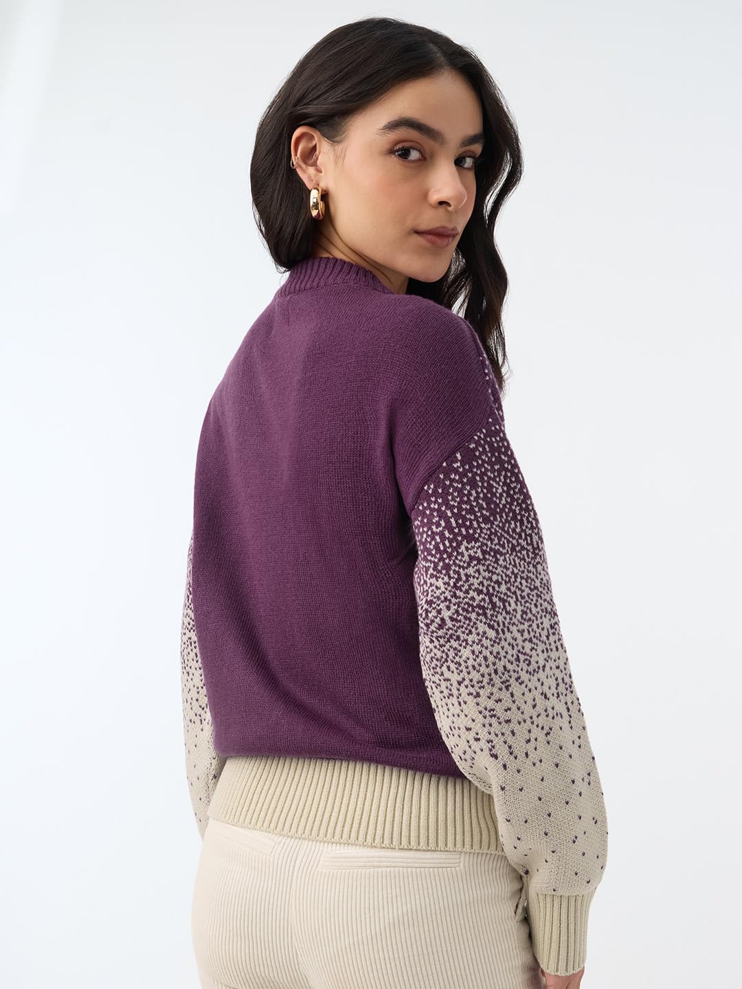 The Souled Store Starlight Women and Girls Full Sleeves Round Neck Purple and Beige Gradient Knitted Acrylic Ribbed Drop Shoulder Streetwear Casual Oversized Sweater