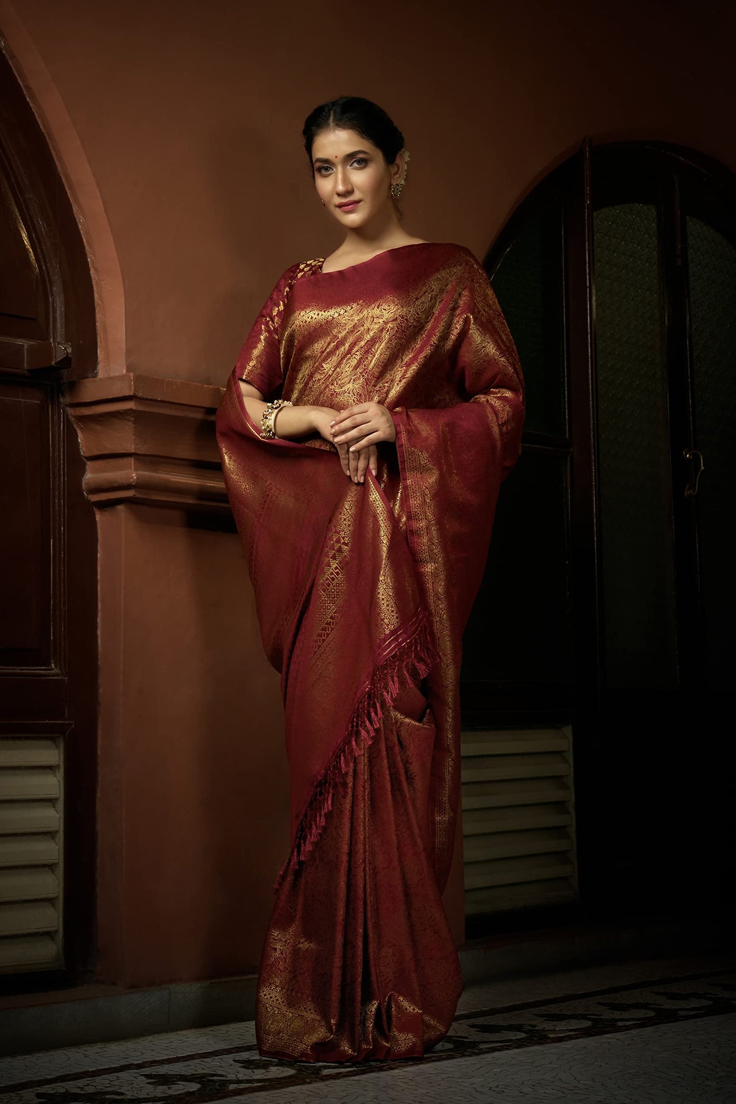 Vardha Women's Kanchipuram Art Silk Saree with Unstitched Blouse Piece - Zari Woven Work Sarees for Wedding (Asya Silk, 393, Maroon)