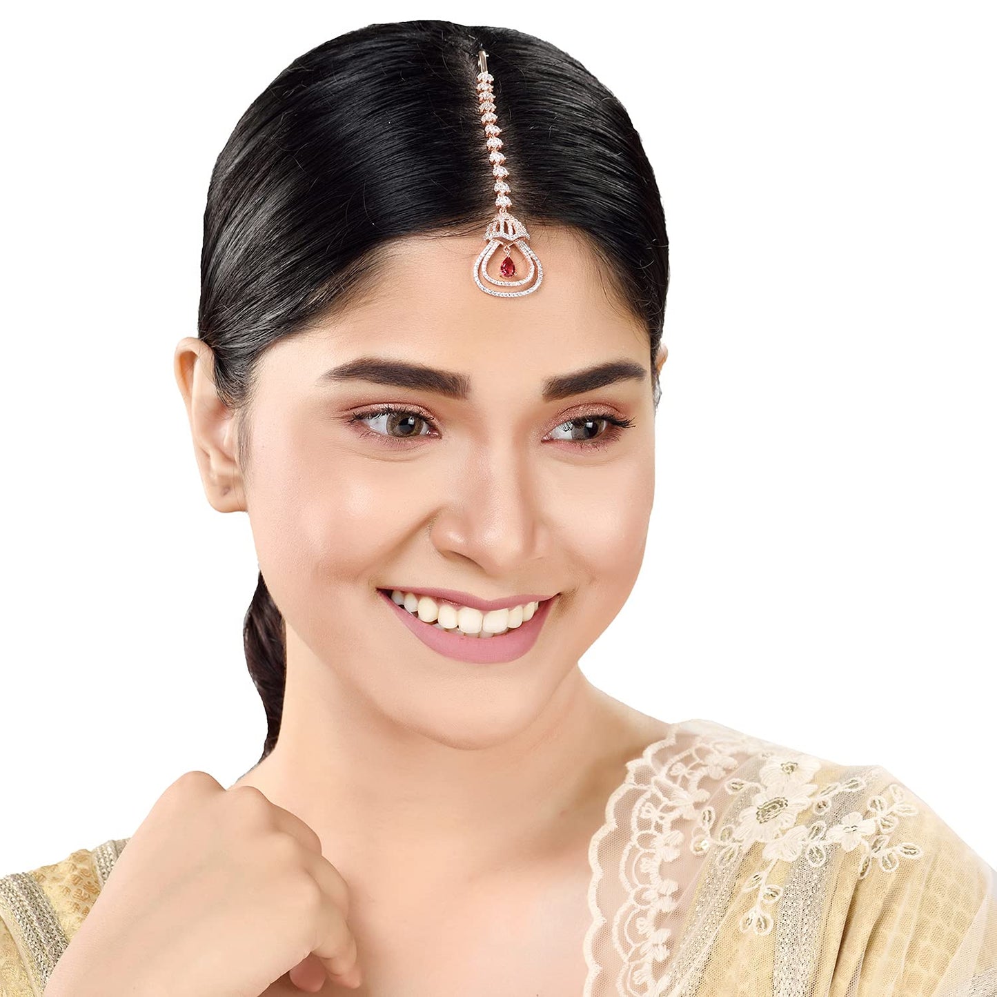 Saraf RS Jewellery-Rose Ruby AD studded Bell shaped Handcrafted Maang Tika