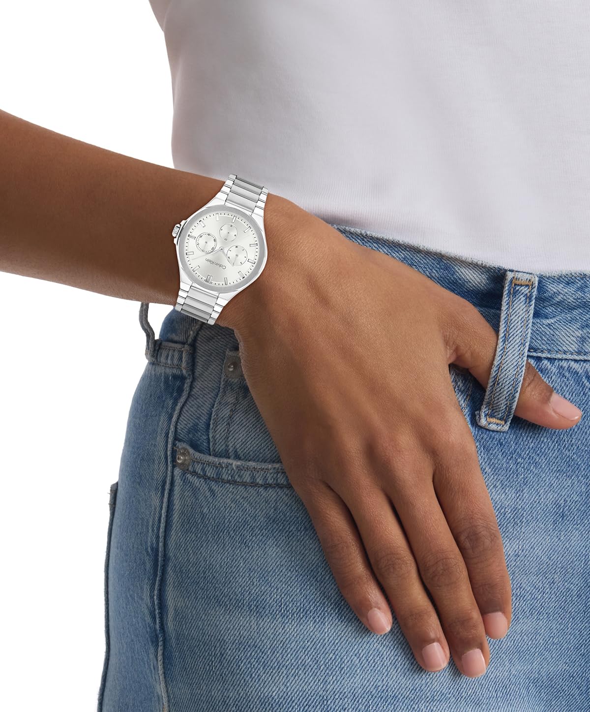 Calvin Klein Vibrancy Qtz Multifunction White Round Dial Women's Watch|Stainless Steel Material|Silver Color Band - 25100054