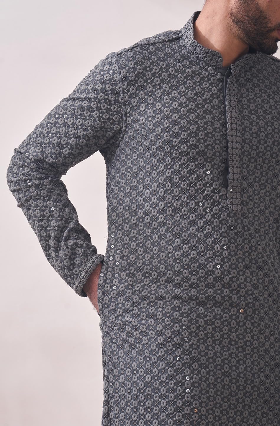Manyavar Mens Grey Viscose Embroidered Kurtas