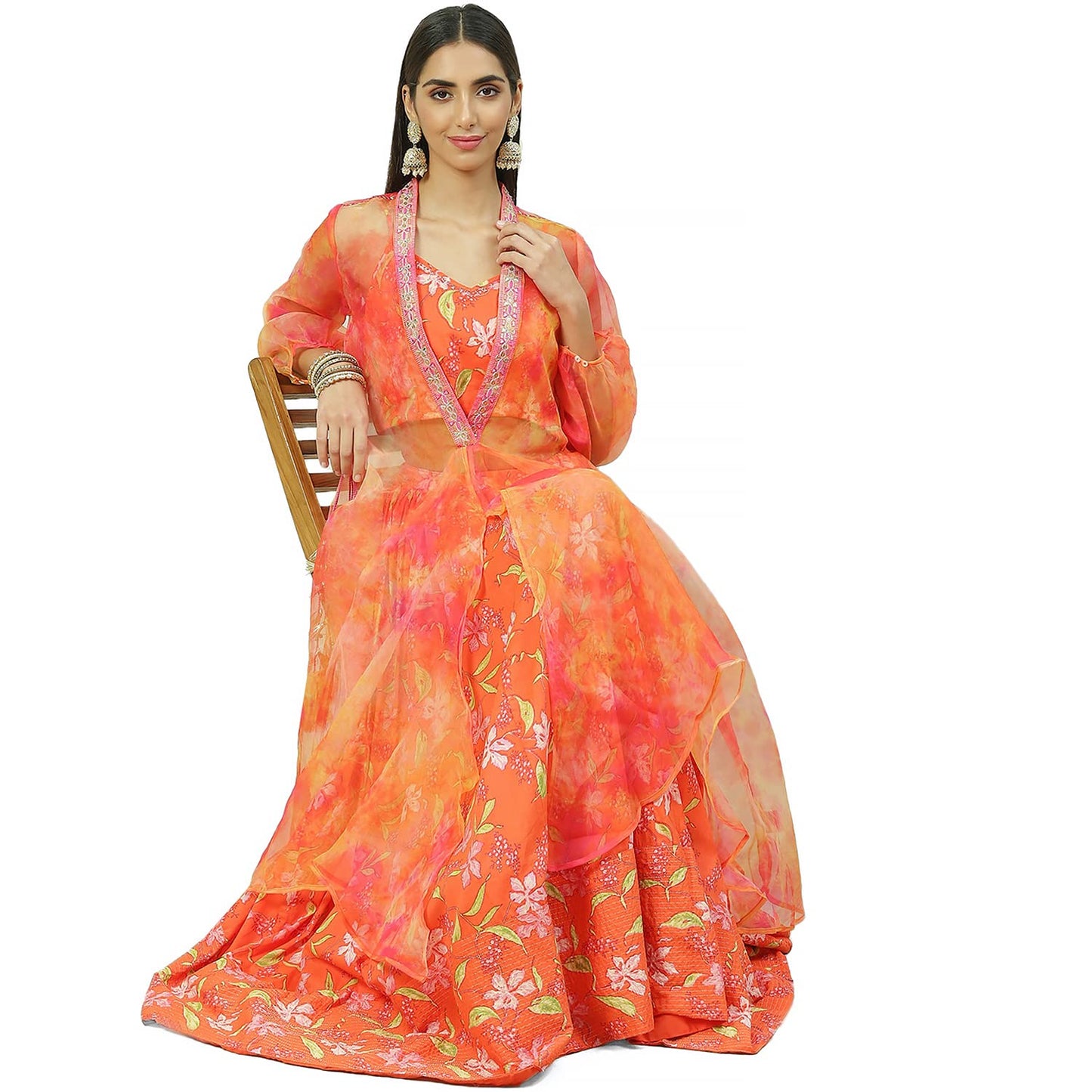 BIBA Women's Orange Art Silk Cape Lehenga Set