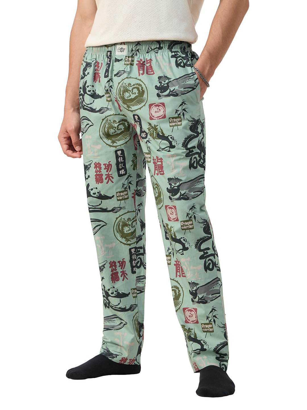 The Souled Store Kung Fu Panda: Warrior Men and Boys Elastic Waistband Green All Over Printed Cotton Regular Fit Lightweight All-Season Lounge Pyjamas