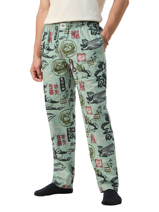 The Souled Store Kung Fu Panda: Warrior Men and Boys Elastic Waistband Green All Over Printed Cotton Regular Fit Lightweight All-Season Lounge Pyjamas