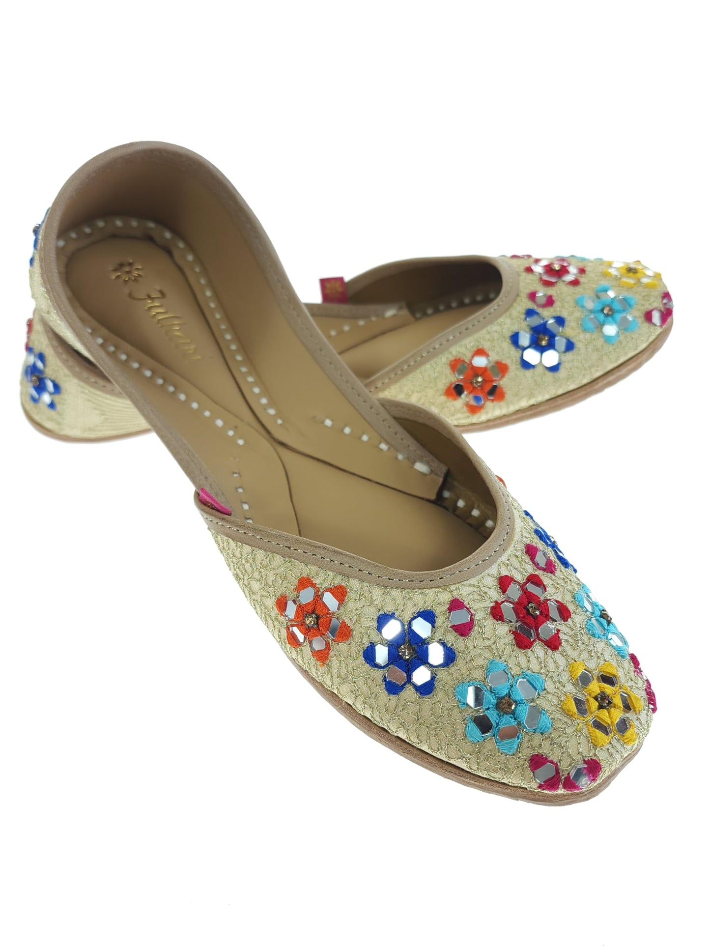 Fulkari Women Mirror Gold Multicolor Formal Genuine Soft Leather Jutis | Bite and Pinch Free Juttis | Punjabi Jutti | Girl's Wedding Flat Ladies Mojari Ethnic Juti |