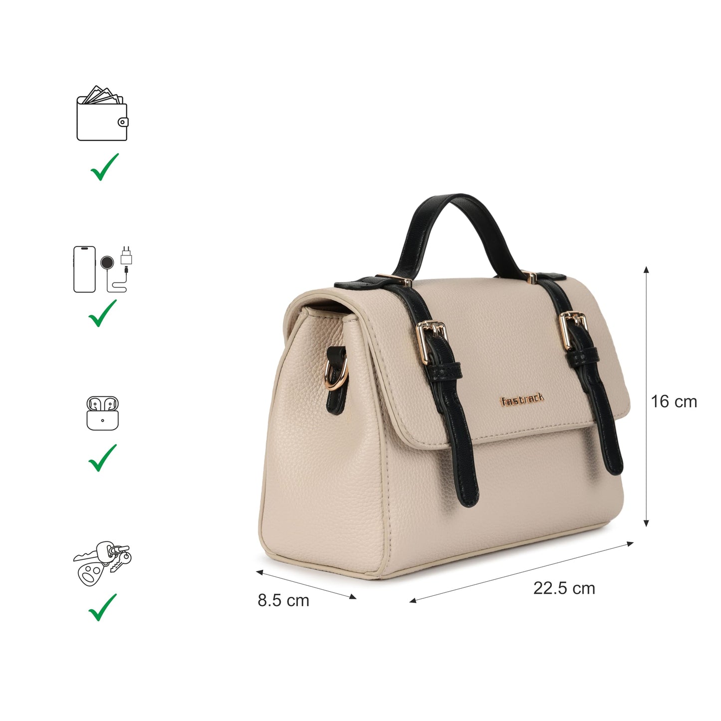 Fastrack Monochrome Muse Satchel | Faux-Leather Women’s Handbag in White & Black | Buckle-Flap Design with Dual Carry Options & Multi-Compartment Interior