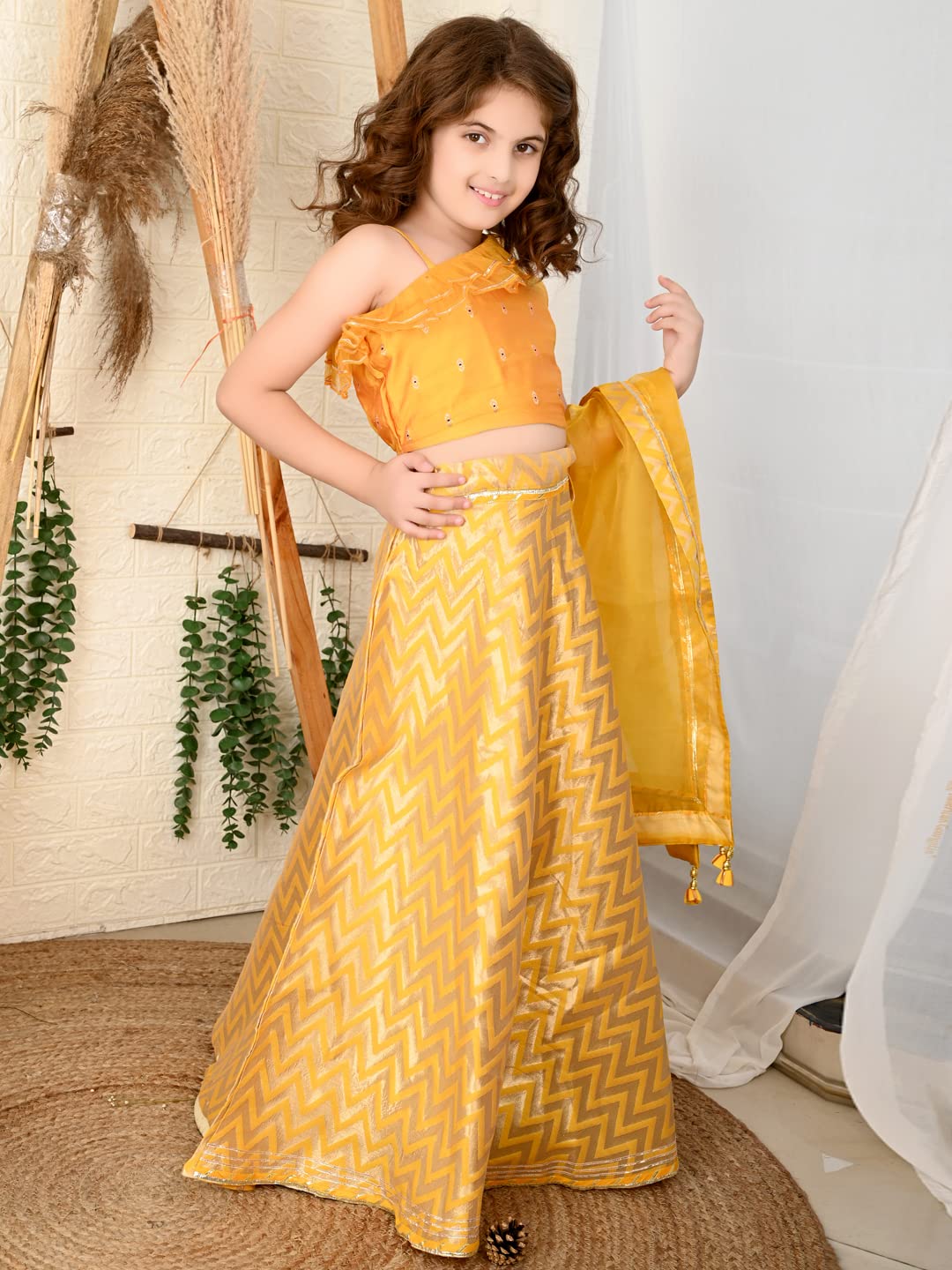 LILPICKS Girls One Shoulder Embellished Choli with Printed Lehenga Set (Yellow) (Size 7-8Y)