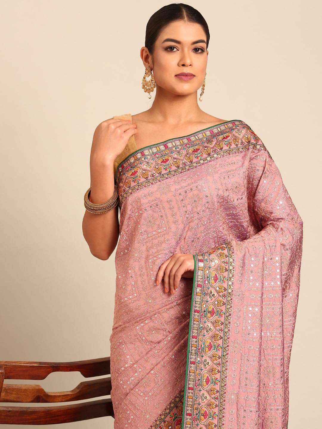 MOHEY Purple Art Silk Embroidery|Stone Work Saree for Women