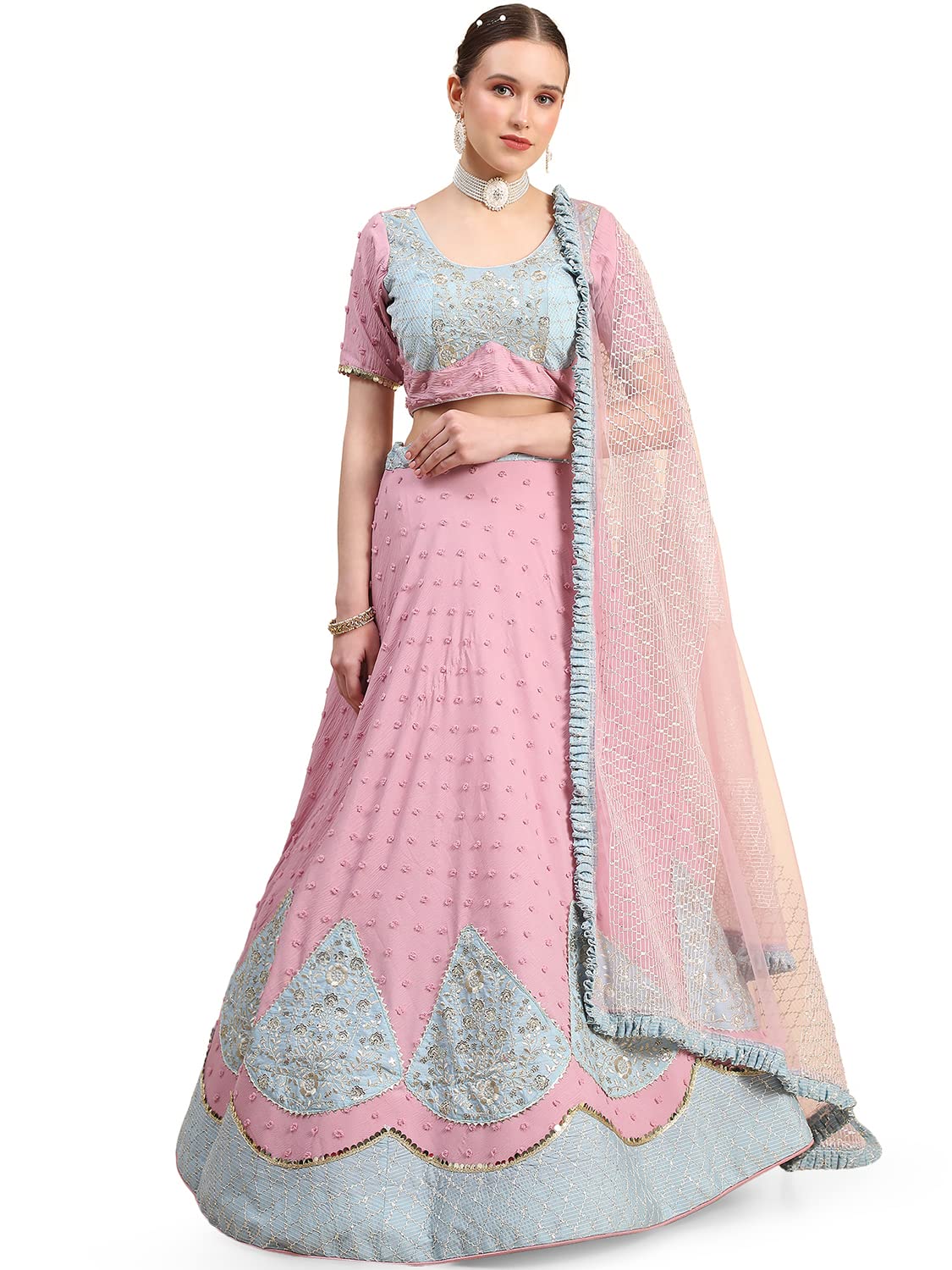 leeza store Women's Pink Georgette Silver Sequins & Zari Patch Work Flared Lehenga Choli With Dupatta