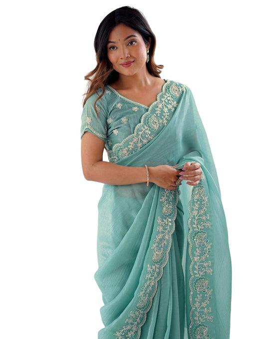 SIRIL Women's Shimmer Chiffon Sequence Embroidery Saree with Unstitched Blouse Piece (4487S456_Sea Blue)