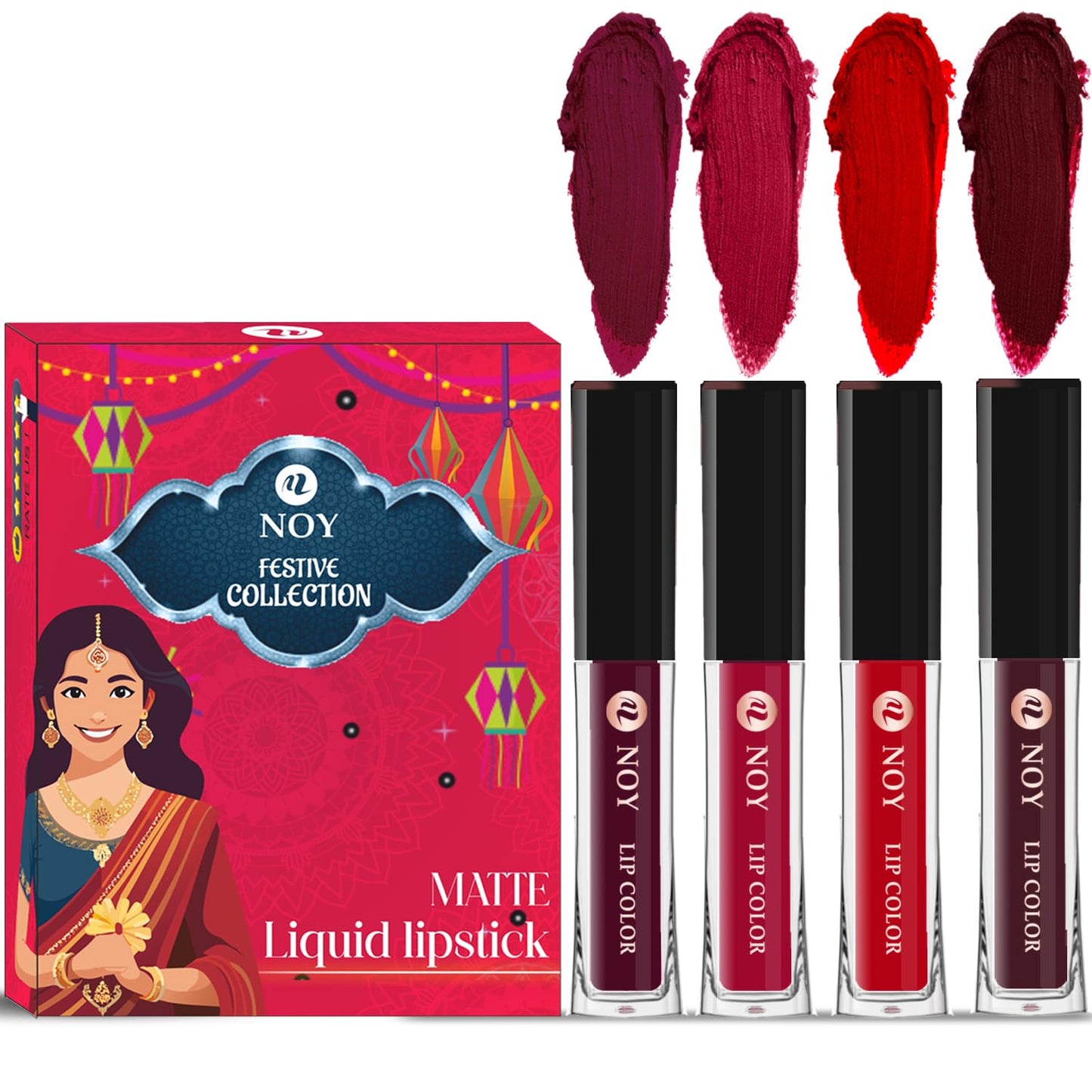 Noy Liquid Matte Festival Collection 4 Chic Lipstick Colors Wine, Cherry Pink, Red, Coffee Wine Shades