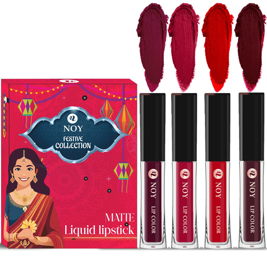 Noy Liquid Matte Festival Collection 4 Chic Lipstick Colors Wine, Cherry Pink, Red, Coffee Wine Shades