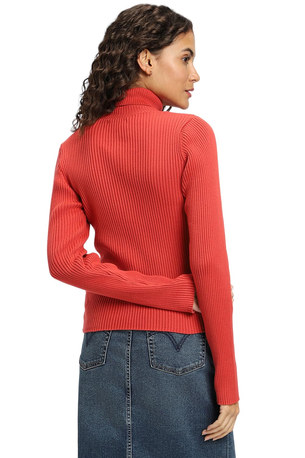 FOREVER 21 Women's Cotton High Neck Sweater (598055_Red