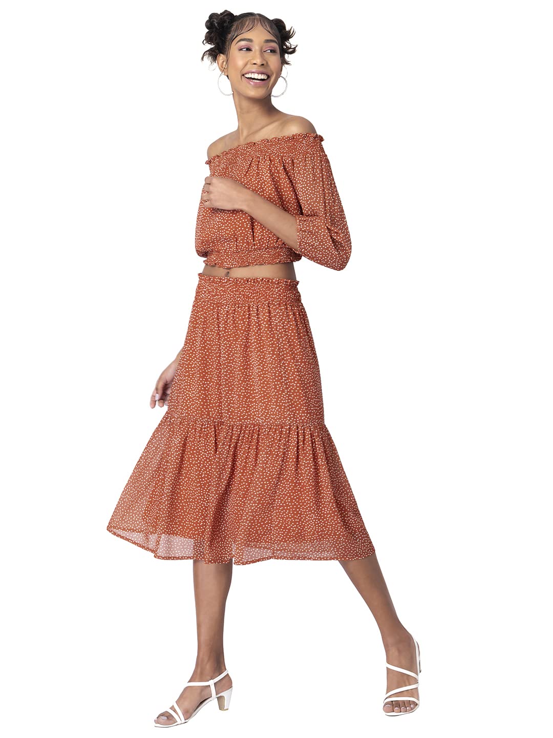 FabAlley Georgette Rust Polka Smocked Midi Skirt and Bardot Top Set