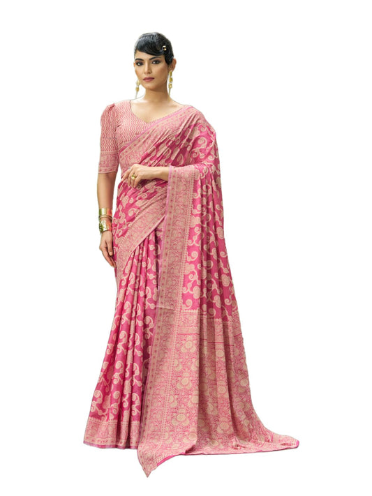 SWORNOF Women's Lucknowi Chikankari Linen cotton Woven Sarees For Women with Blouse sarees for Women (PINK2)