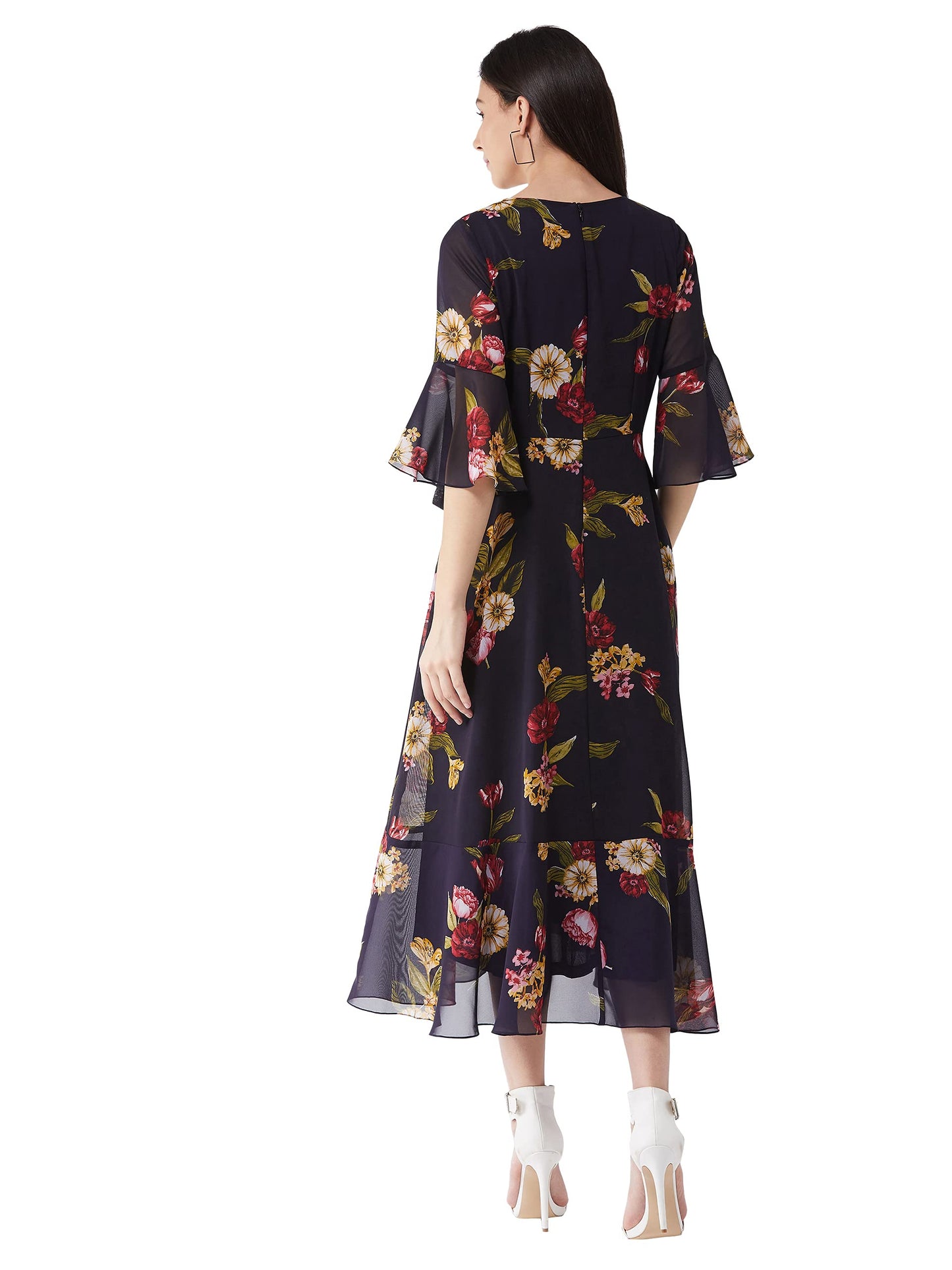 Miss Chase Women's Multicolored- Base- Navy Blue V Neck 3/4th Sleeve Floral Ruffled Maxi Dress (MCAW21D06-13-224-05,Multicolored- Base- Navy Blue,L)