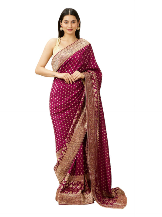 MOHEY Wine Art Silk Hand EMBROIDERY|Cutdana|Stone|Zari Weave Saree for Women