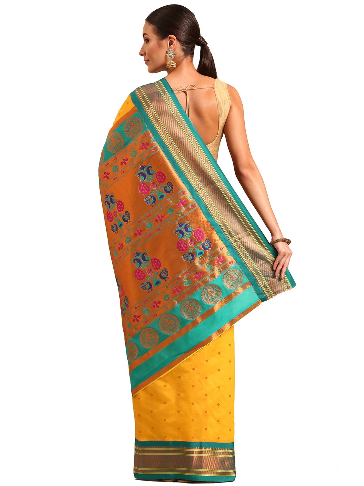 Varkala Silk Sarees Women's Kadiyal Soft Silk Maharani Paithani Saree With Blouse Piece (V241A322-COPR_Haldi & Rama)