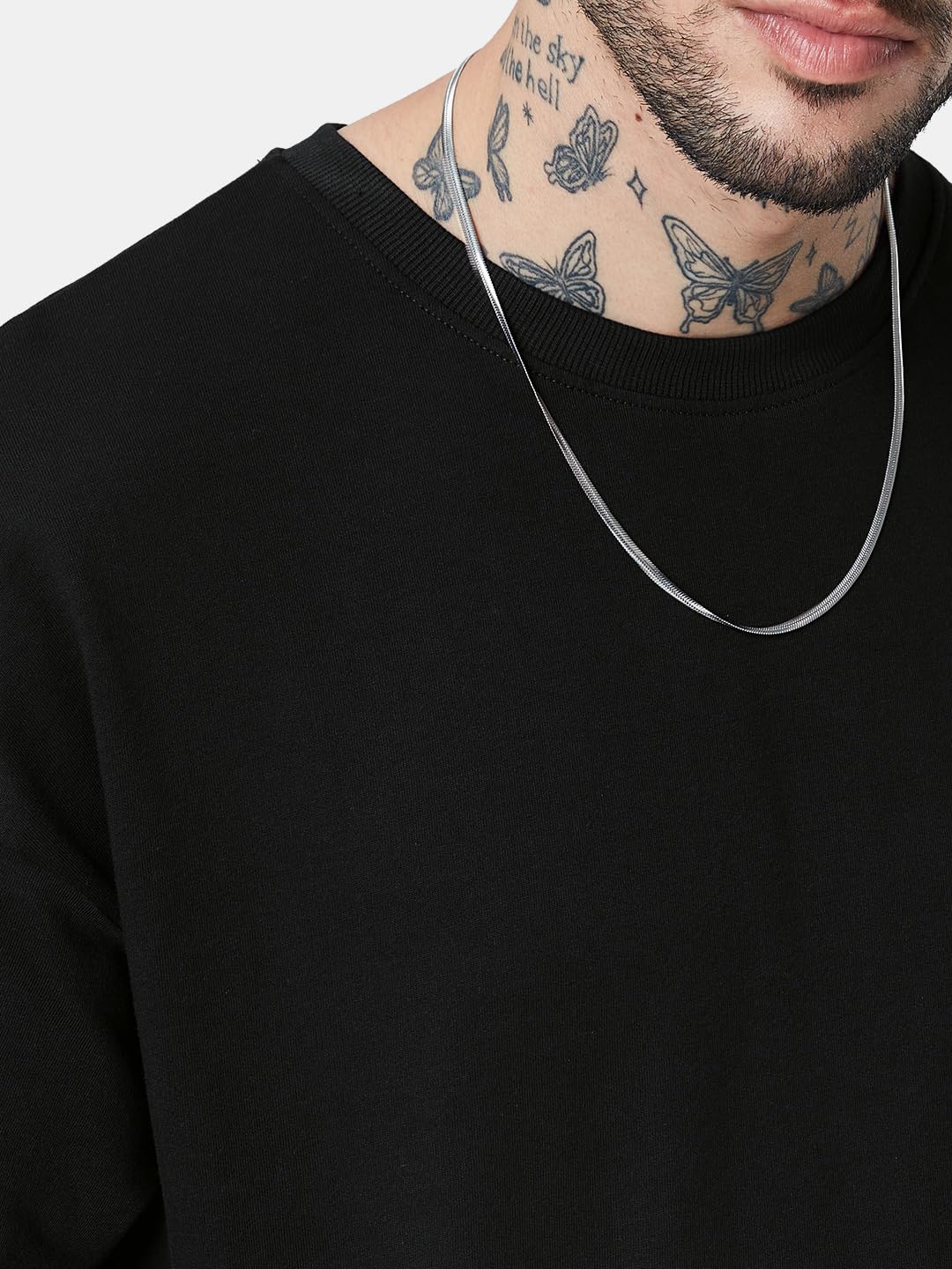 The Souled Store Solids: Black () Full SleeveSolid Black Color Men Full Sleeve Oversized T Shirts for Men Baggy Off-Shoulder Loose Fit Relaxed Drop Shoulder Round Neck Back Printed