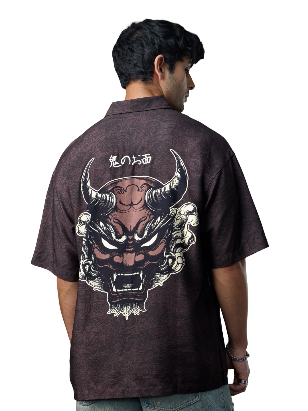 The Souled Store: The Last Shogun Men and Boys Short Sleeve Collared Neck Button Front Dark Brown Graphic Printed Rayon Oversized Shirts