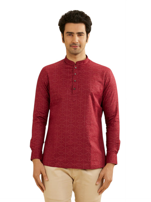 Manyavar Cotton Men's Jacquard Short Kurta (Maroon,L)
