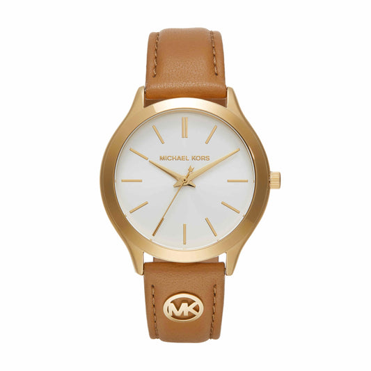 Michael Kors Leather Analog White Dial Women Watch-Mk7465, Brown Band