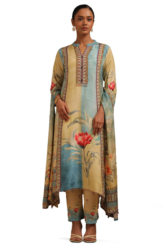 Soch Womens Yellow Muslin Floral Print Suit Set With Beads