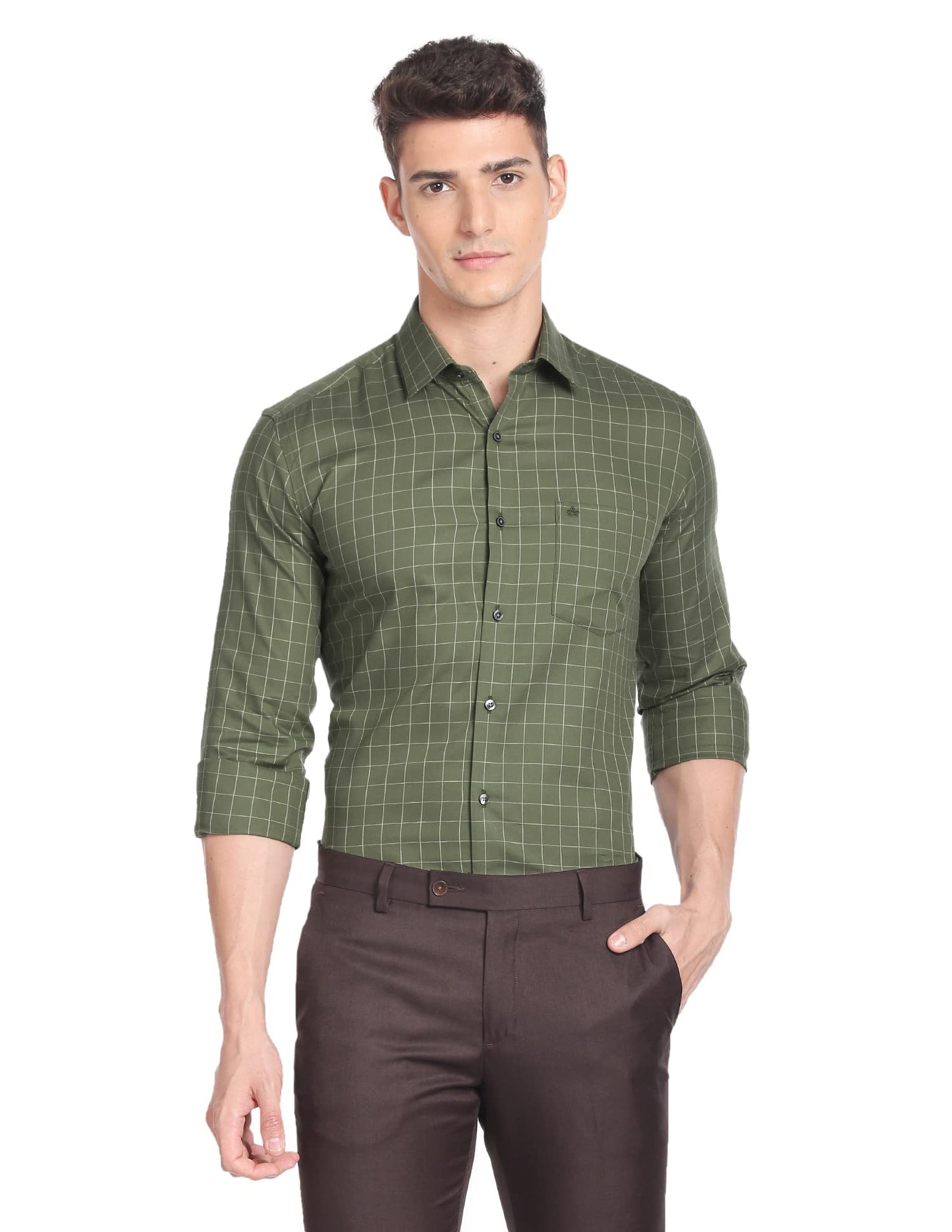 Arrow Men's Checkered Full Sleeve Slim Fit Cutaway Collar Cotton Formal Shirt (ARADOSH1244_Dark Green_40)