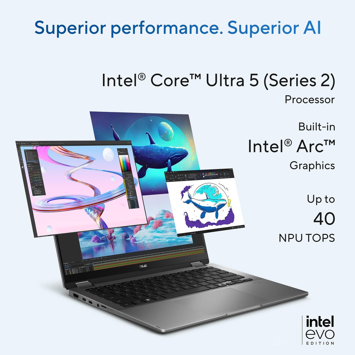 ASUS Vivobook 14 Flip,Intel Core Ultra 5 (Series 2),Intel Arc iGPU,40TOPS,16GB,512GB,FHD+ Touch Screen,14",Windows 11,M365 Basic (1Year)*,Office 2024,Gray,1.57 kg, TP3407SA-QL024WS, Copilot+ AI PC