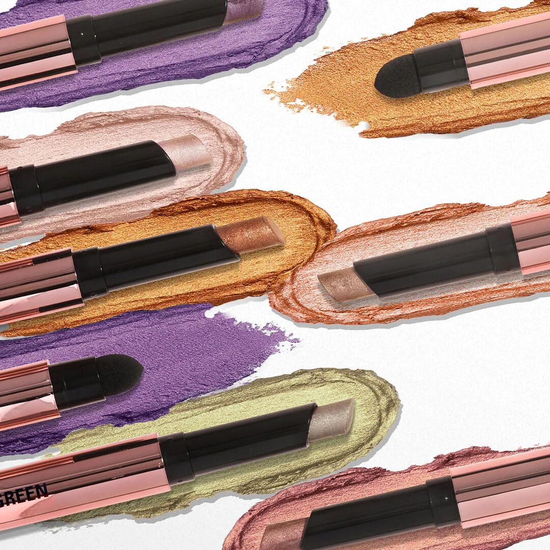 Makeup Revolution- Lustre Wand Shadow Stick- Obsessed Bronze | Ultra-pigmented & Shimmery lids | Seamless glide | Buildable, Metallic Formula | Sponge to dab & blend the shades-1.6 g