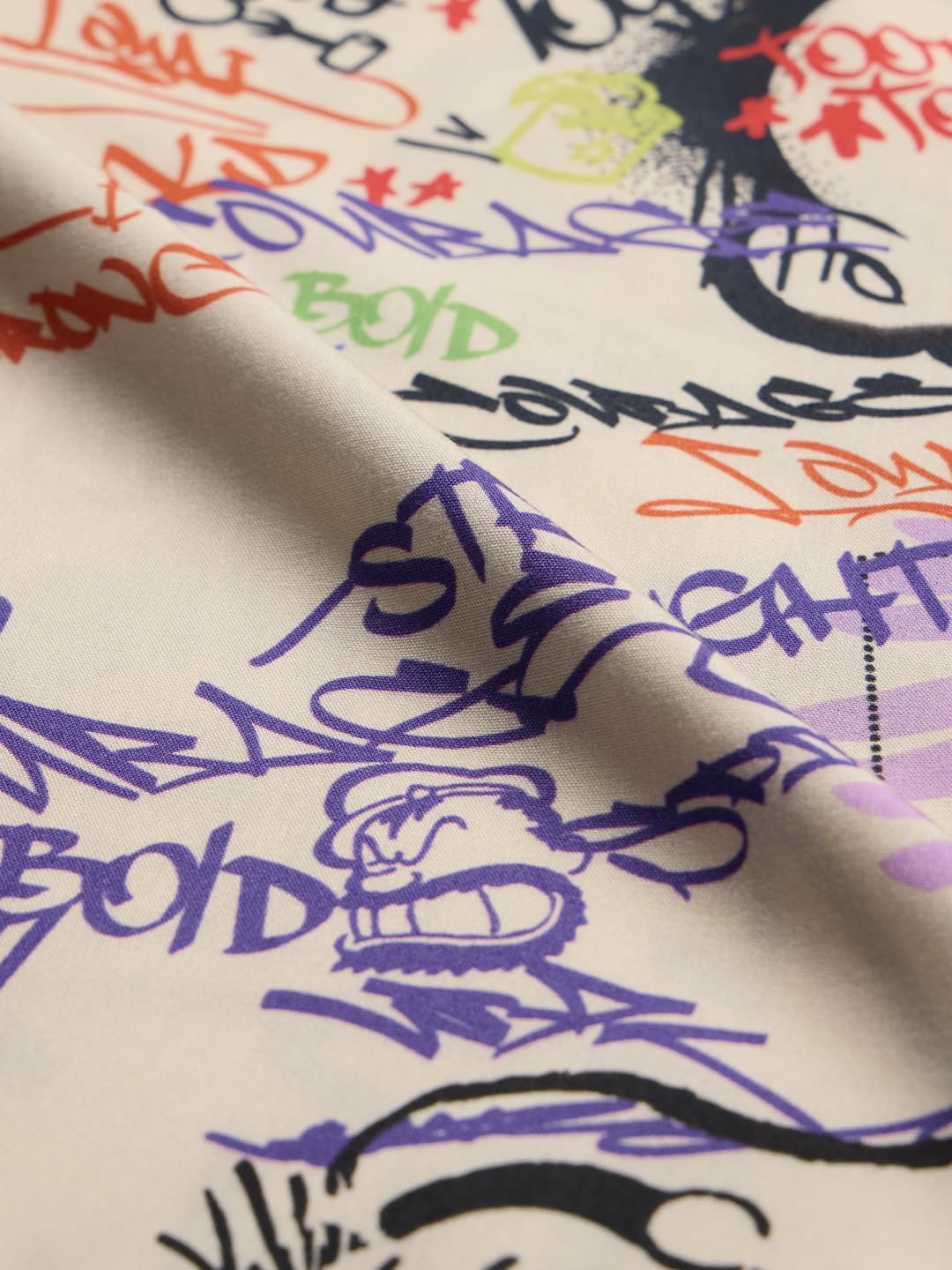 The Souled Store Official Popeye: Graffiti Men and Boys Short Sleeves Collared Neck Button Front Multicolor All Over Printed Rayon Holiday Shirts