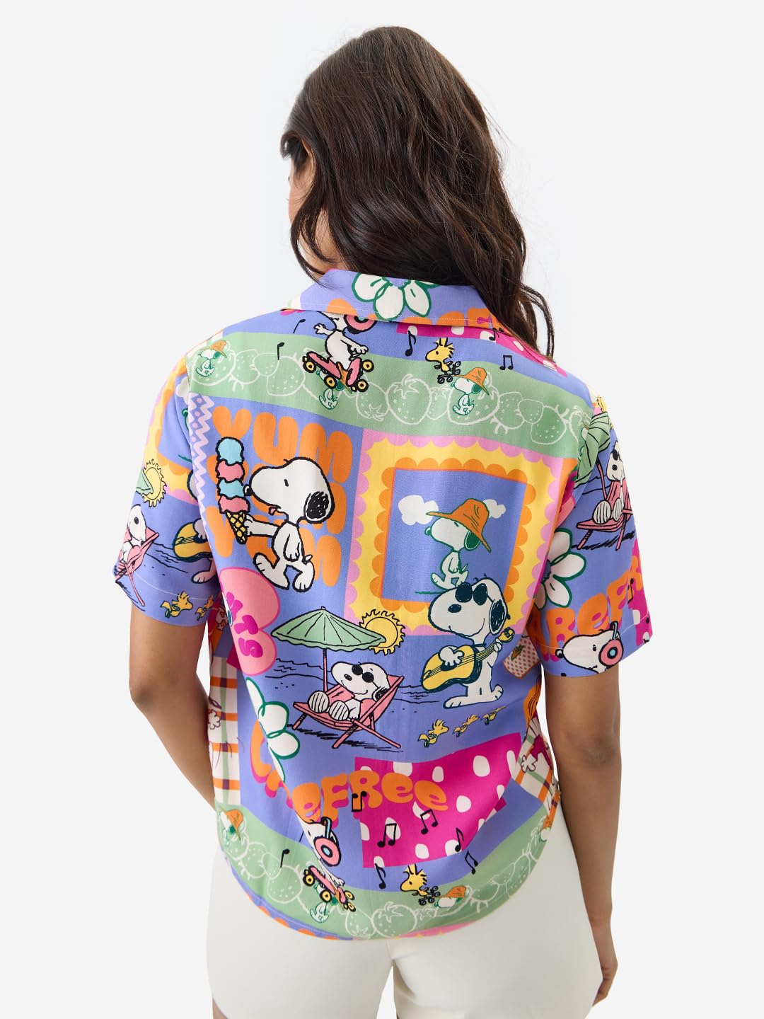The Souled Store Official Peanuts: Carefree Women and Girls Short Sleeve Collared Neck Button Front Regular Fit Rayon Summer Shirts Multicolour