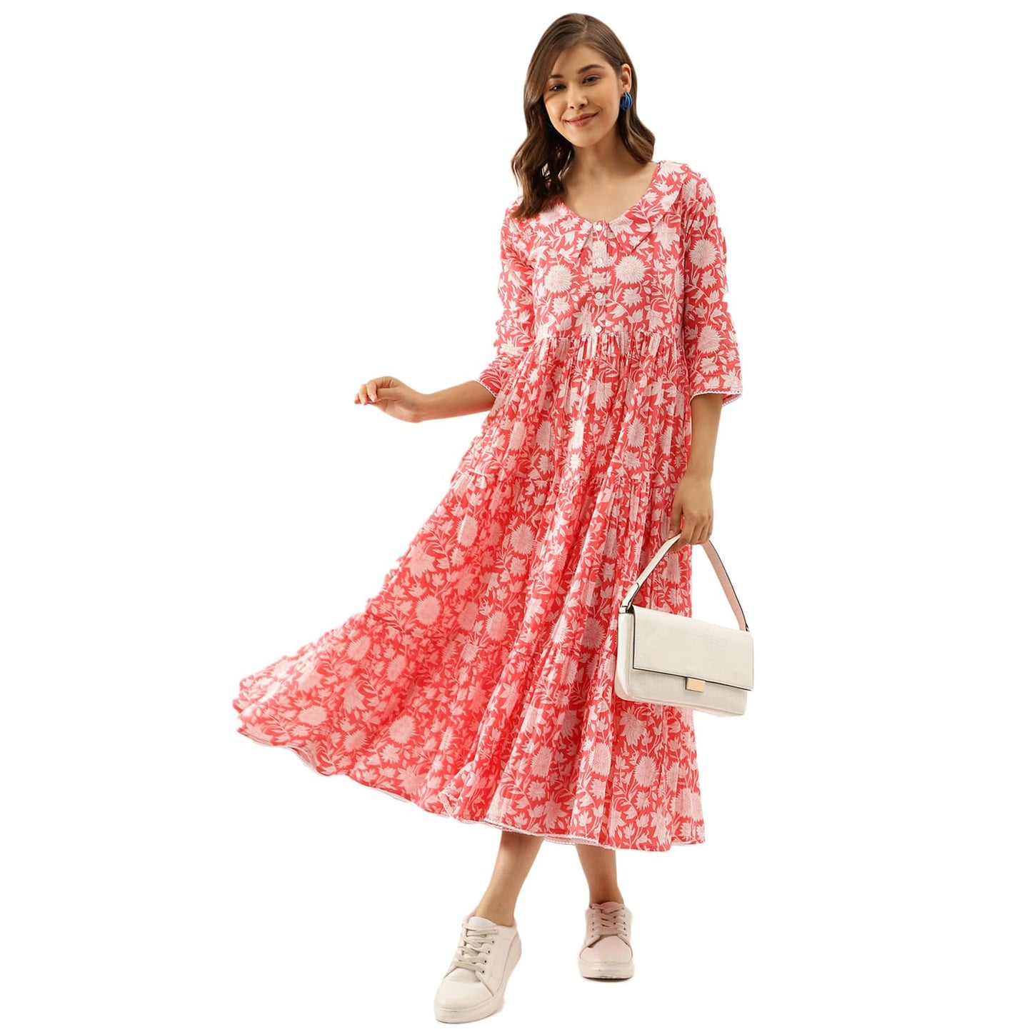 Divena Pink Floral Printed Cotton Ethnic Dress for Women