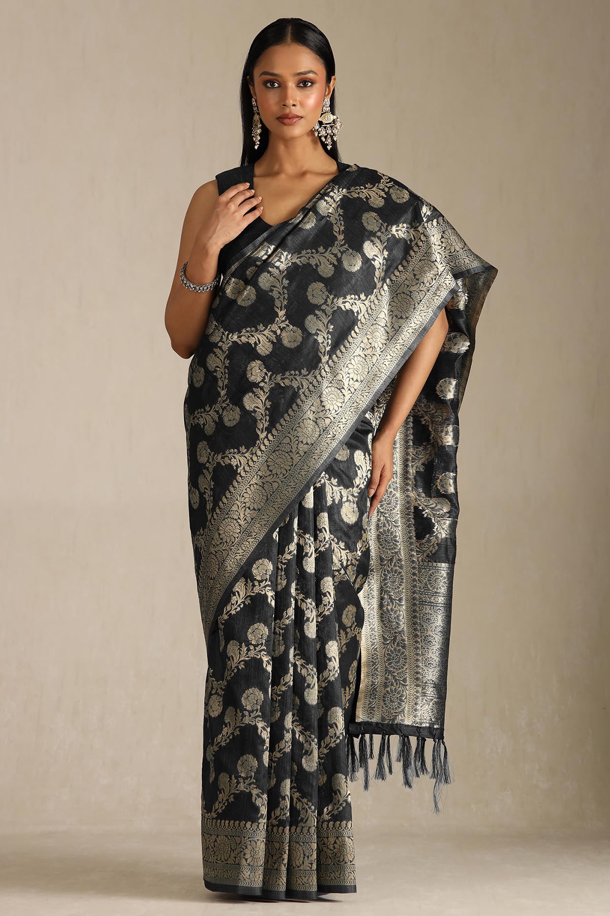 Soch Womens Black Tussar Floral Print Saree With Zari Woven