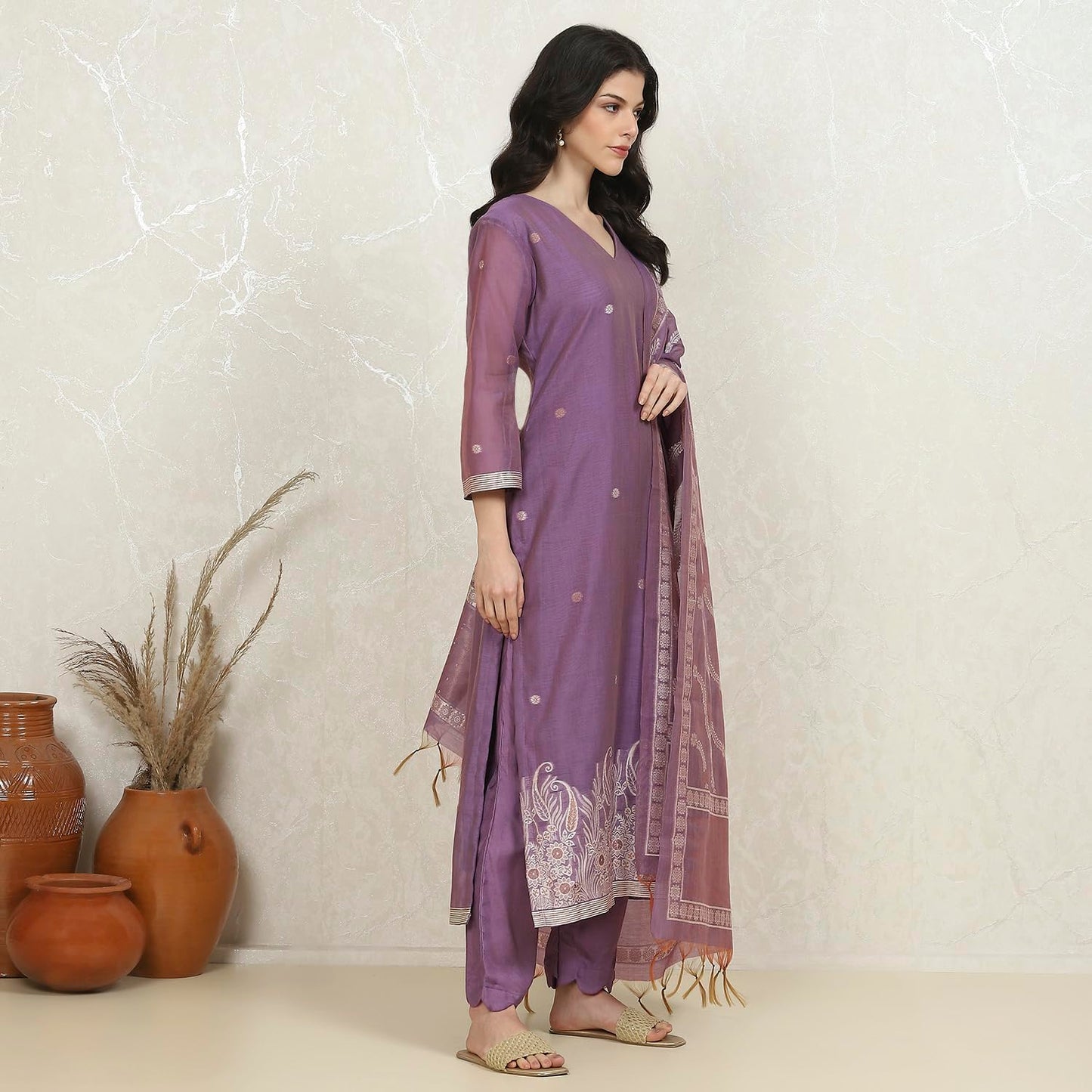 Biba Women's Lavender Chanderi Weave Unstitched Suit Set