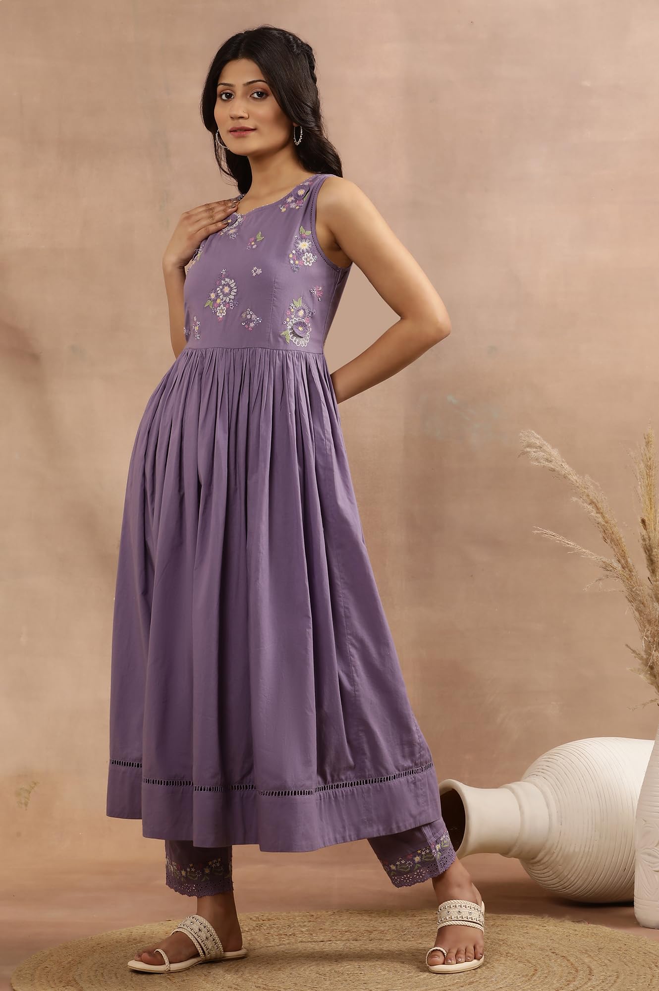 W for Woman Purple Embroidered A-line Kurta, Pants and Printed Dupatta Set (Size: 3XL)-24FEWS11008-221864