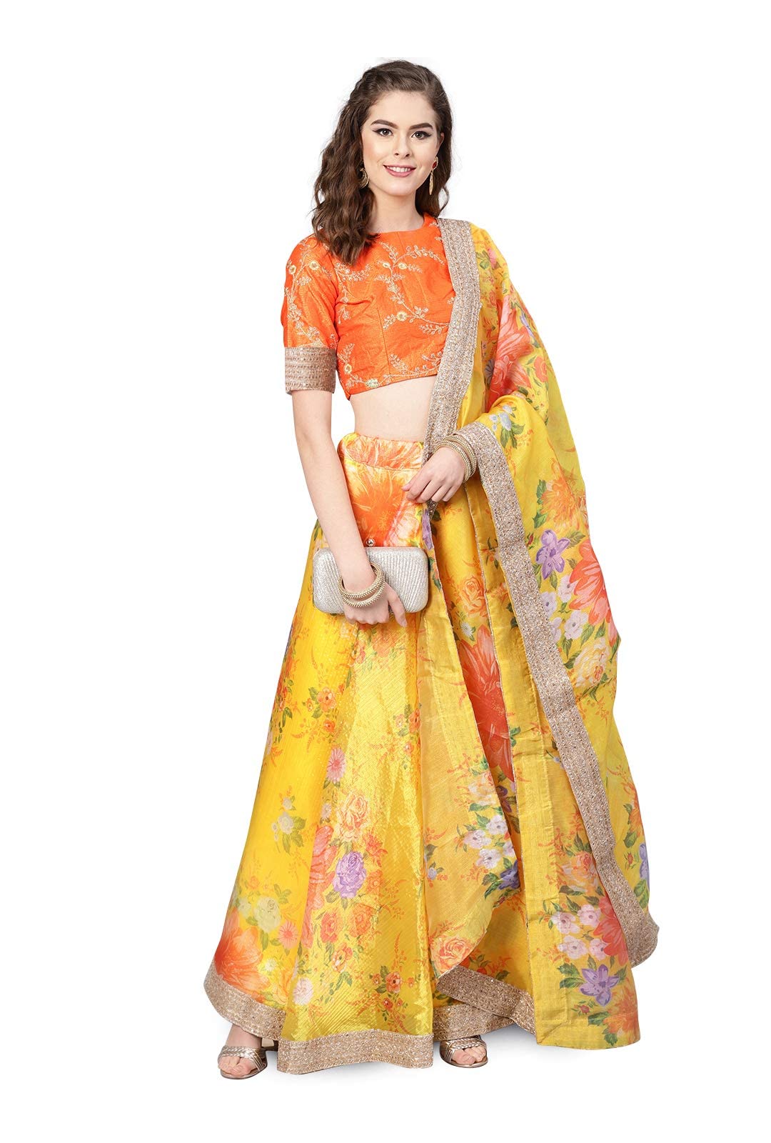 Zeel Clothing Women's Organza Embroidered Fabric Floral Embroidered Semi Stitched Lehenga Choli With Dupatta 7026-New-Yellow-Bridal-Wedding-Lehangafree Size, Customizable Length