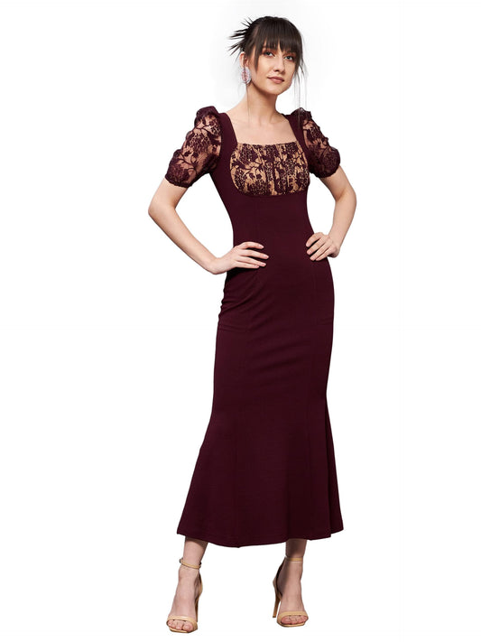 Miss Chase Women's Square Neck Short Puff Sleeve Self Design Lace Overlaid Bodycon Midi Dress (MCSS23D79-01-184-02, Wine, XS)