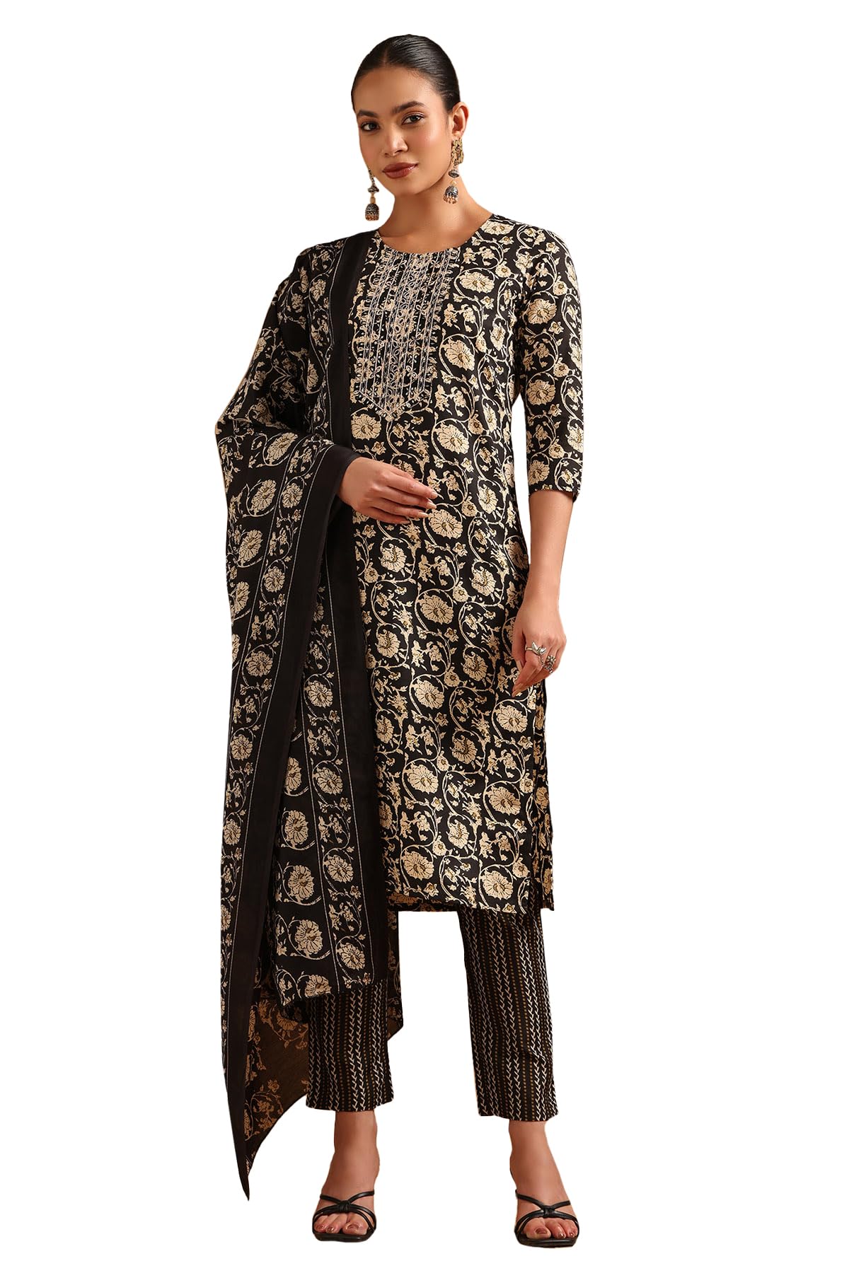 Soch Womens Black Cotton Blend Botanical Salwar Suit With Sequins