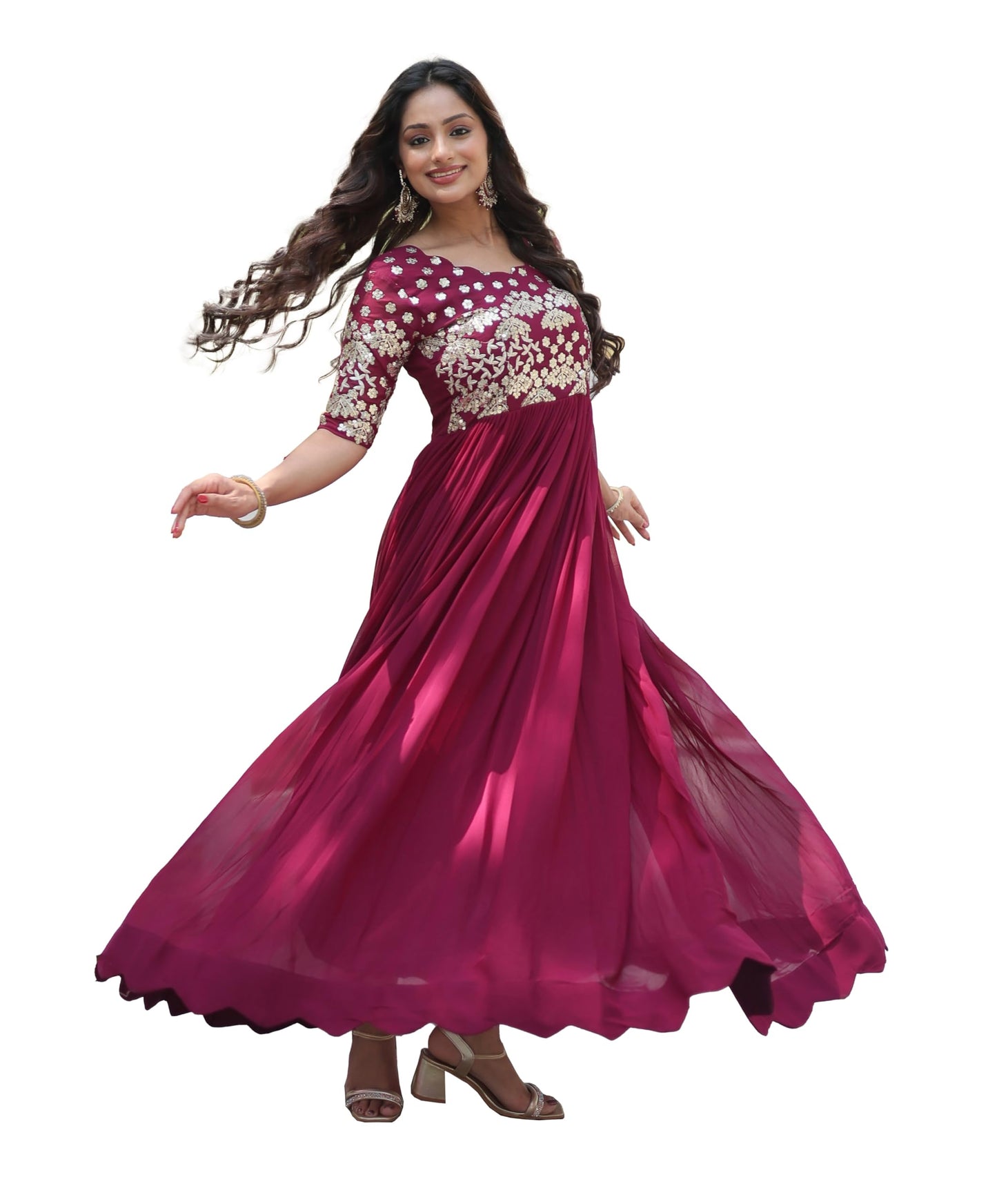 Fashion Basket Women's Georgette Embroidered Anarkali Gown Wine
