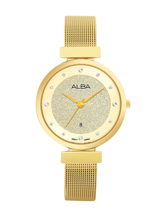 ALBA Stainless Steel Women Analog Wristwatch Ah7Ca2X1, Gold Dial, Gold Band