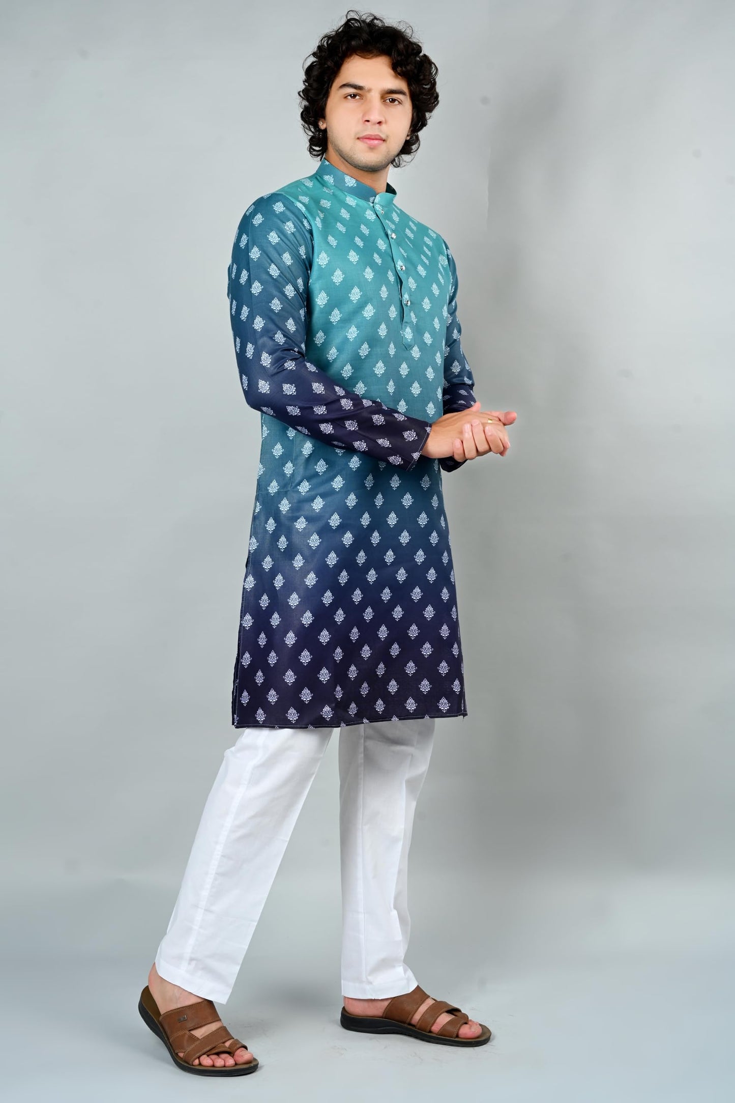 Jagdish GARMENTS Men's Cotton Ombre Printed Kurta- Ethnic Wear for Festive, Wedding, Puja & Casual Occasions (in, Alpha, M, Grey)