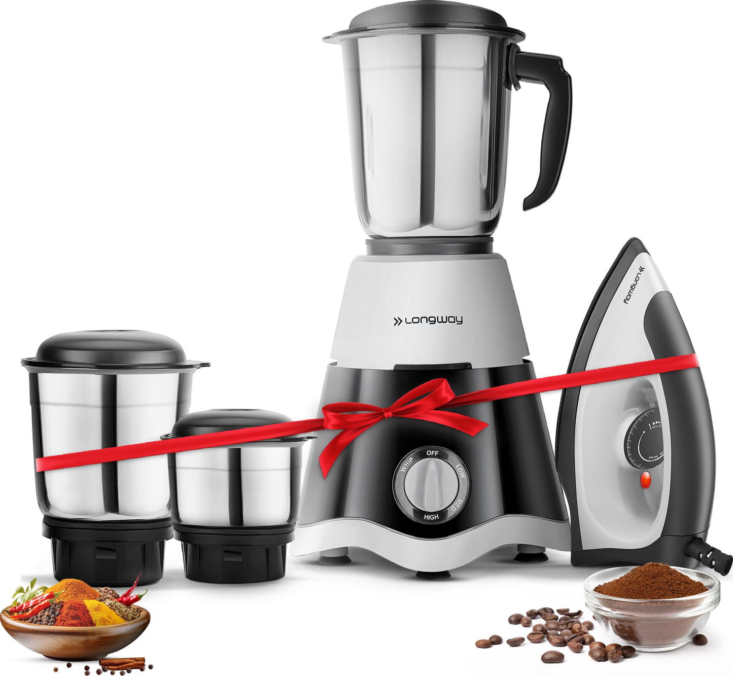 Longway Super Dlx 700 Watt Mixer Grinder with 3 Jars for Grinding, Mixing with Powerful Motor & Kwid 1100 Watt Dry Iron | 1 Year Warranty | (Black & Gray, Combo Offer)