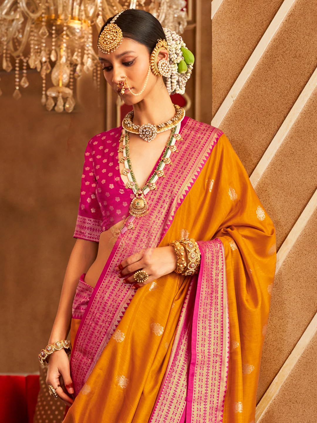 SAREE MALL Women's Orange Silk Blend Ethnic Motif Woven Design Saree With Unstitched Blouse (HASTP10313_RW)