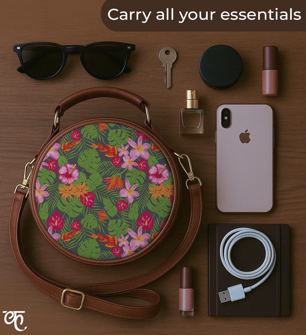 Kalankit Round Sling For Women | Girls Crossbody Bags | Side Bags With Adjustable Strap | Travel Box Sling Bags | Tropical Paradise