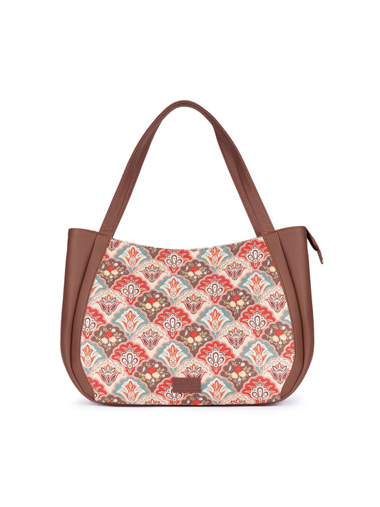 ZOUK Mughal Art Multicolor Motif Printed Jute Handcrafted Vegan Leather Multicolor Women's Shoulder Luna Handbags | Ladies Purse Handbag