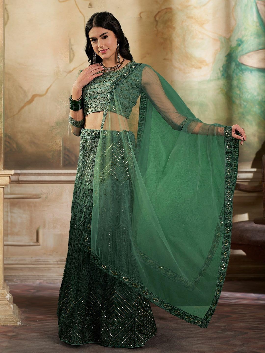VARNI FABRICS: A lady's First Love Embroidered Lehenga Choli Set with Dupatta, Green and Gold, Zari Work, Semi-Stitched